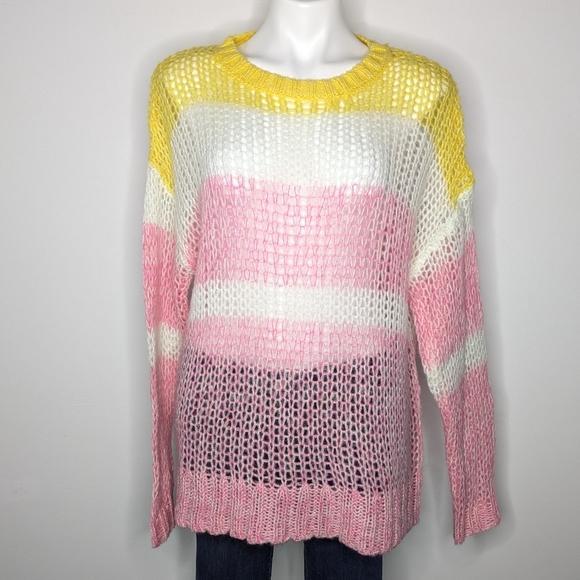 Sundance Pink Yellow White Stripes Loose Knit Long Sleeve Sweater L - Picture 1 of 7
